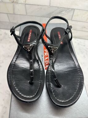 Prada Black Patent Leather Thong Strap Sandals